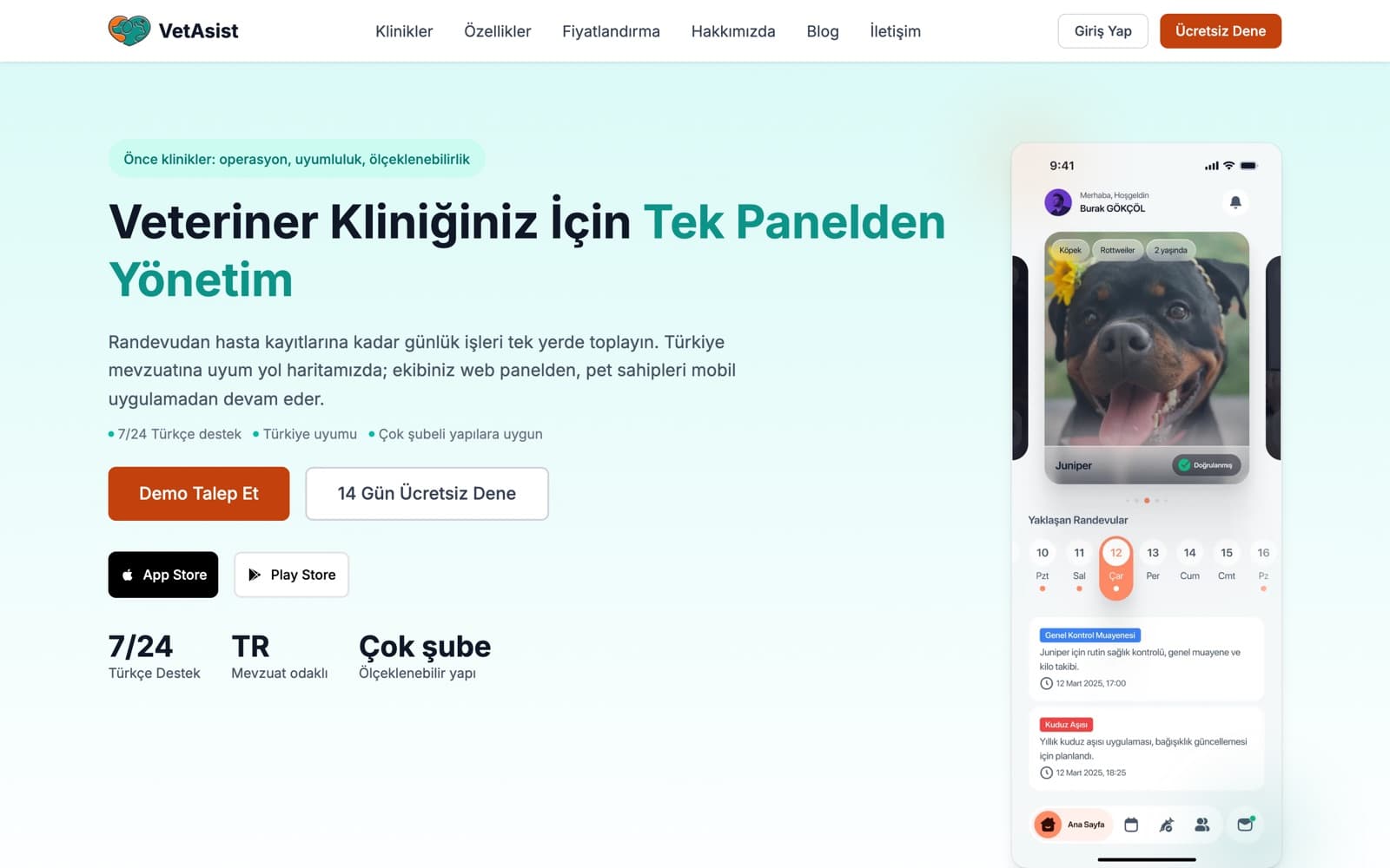 VetAsist: stüdyonun geliştirdiği canlı veteriner SaaS ürününün ekran görüntüsü